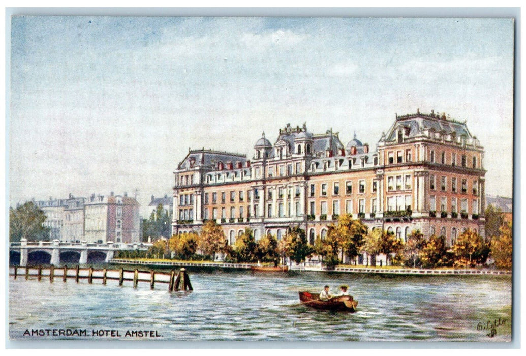 c1910 Boating Scene Amsterdam Hotel Amstel Netherlands Oilette Tuck Art Postcard