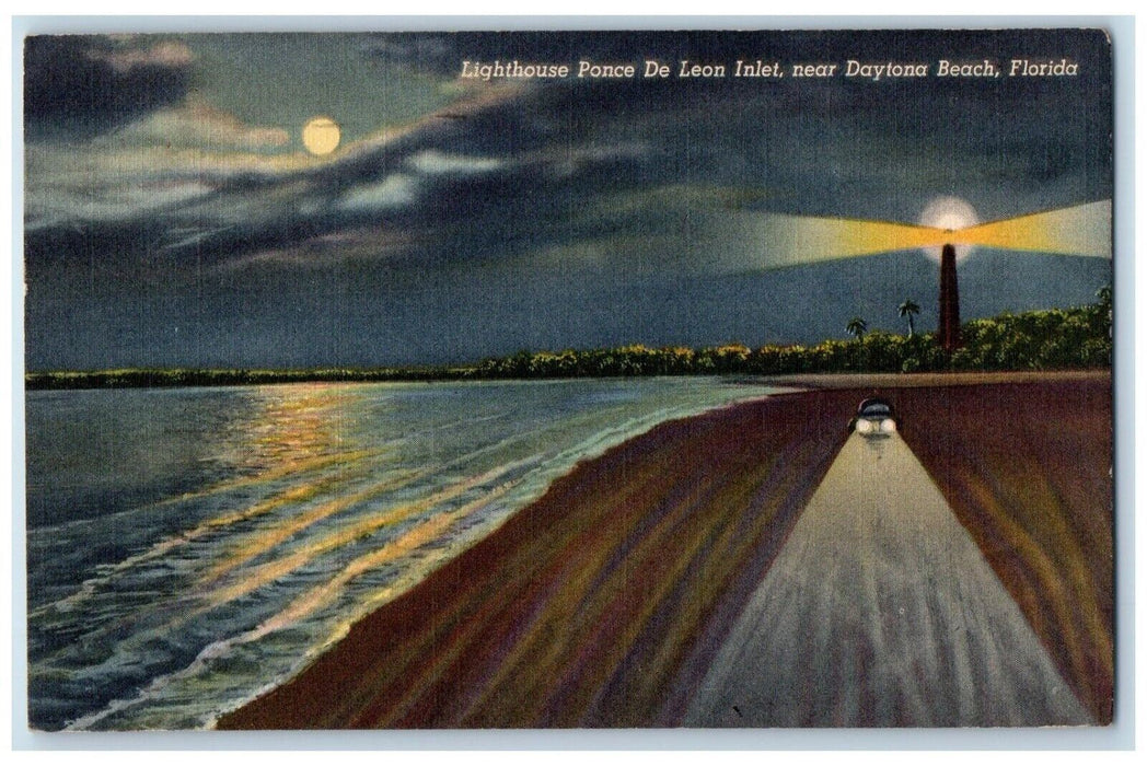1948 Lighthouse Ponce De Leon Inlet Night Moon Daytona Beach Florida FL Postcard