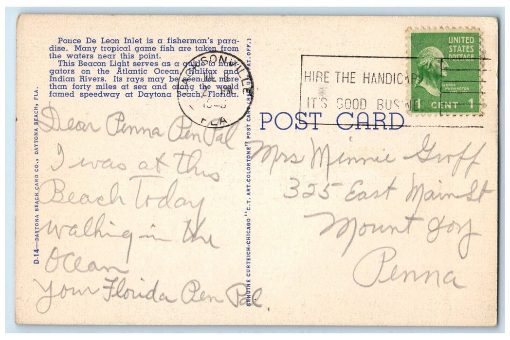 1948 Lighthouse Ponce De Leon Inlet Night Moon Daytona Beach Florida FL Postcard