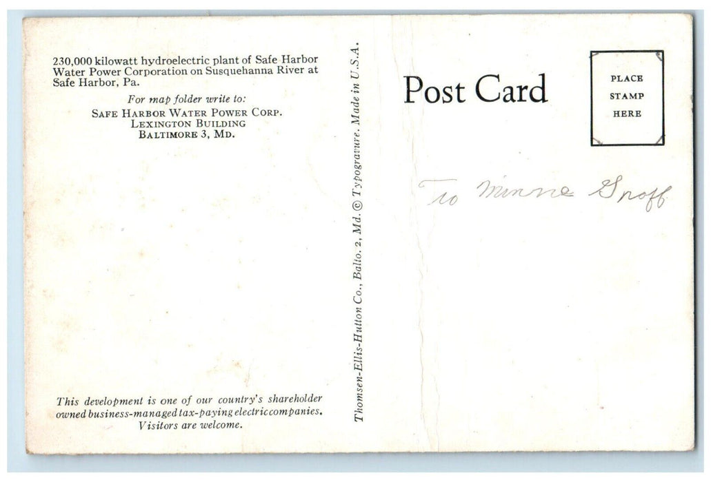 1940 Safe Harbor Water Power Corp Lexington Building Baltimore Maryland Postcard