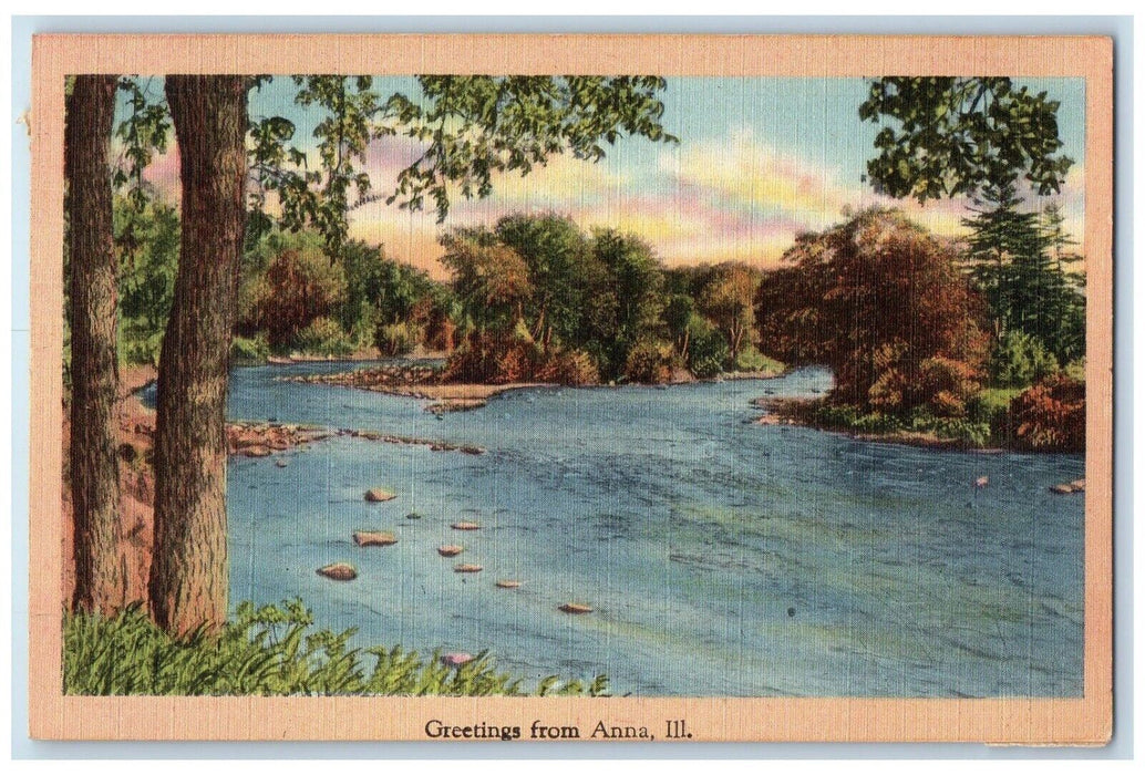 1948 Greetings From River Lake Trees Rocks Anna Illinois River Vintage Postcard