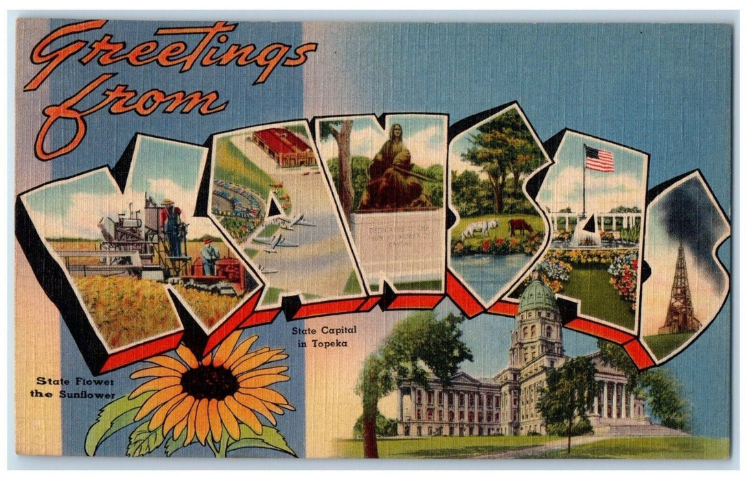 1948 Greetings From Kansas State Flower Topeka Large Letters Multiview Postcard