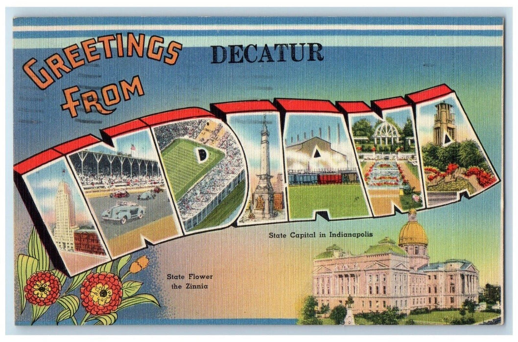 1948 Greetings From Hoosier State Decatur Indiana Large Letters Vintage Postcard