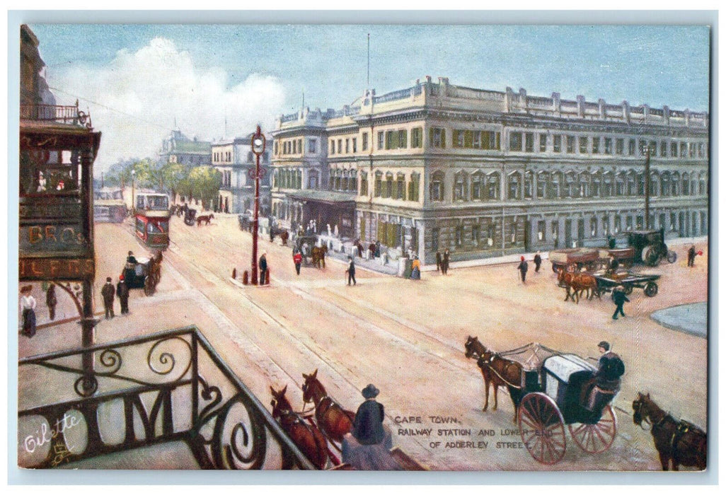 c1910 Cape Town Railway Station Lower End Adderley St. Oilette Tuck Art Postcard