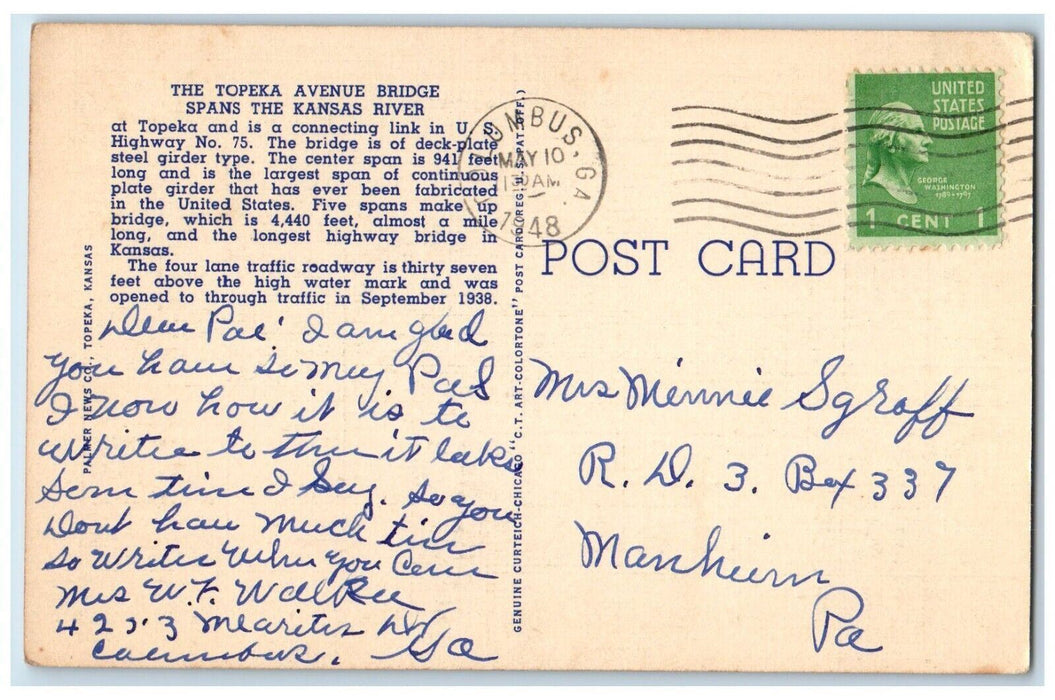 1948 Topeka Avenue Bridge River Lake Spans Steel Girder Topeka Kansas Postcard