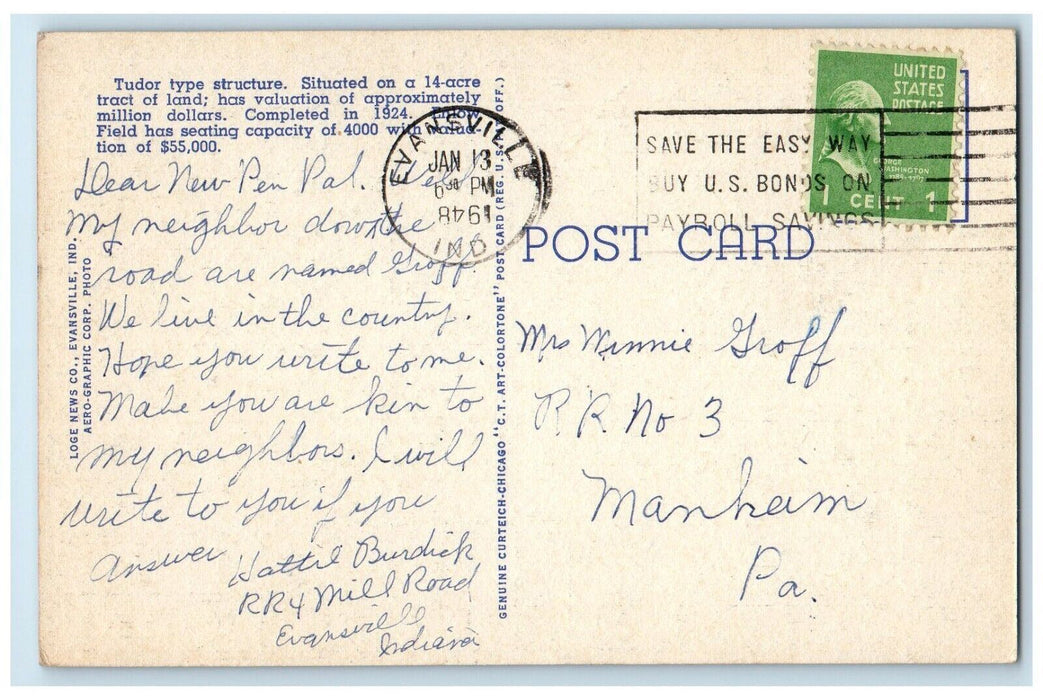 1948 Air View Bosse High School Enlow Field Exterior Evansville Indiana Postcard