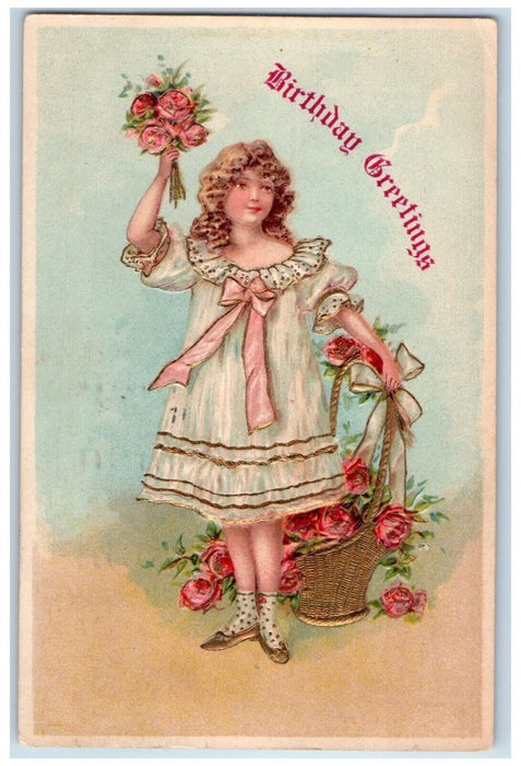 1908 Birthday Greetings Girl Roses Flowers In Basket Embossed Antique Postcard