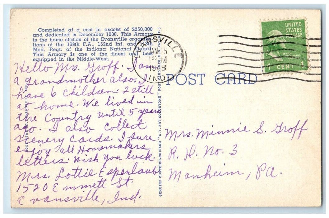 1948 Evansville National Guard Armory Exterior Road Evansville Indiana Postcard