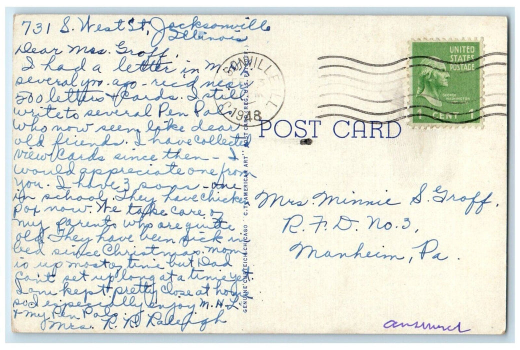 1948 Soldiers Monument Central Park Sculpture Jacksonville Illinois IL Postcard