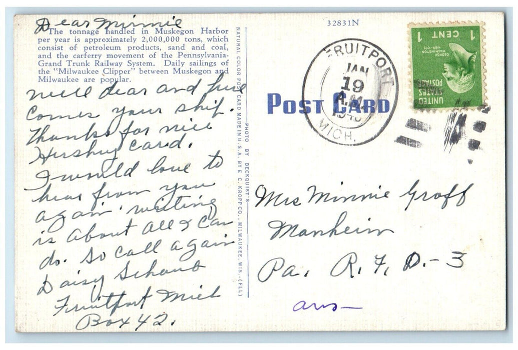 1948 Milwaukee Clipper Ferry Boat Harbor Steamer Muskegon Michigan MI Postcard