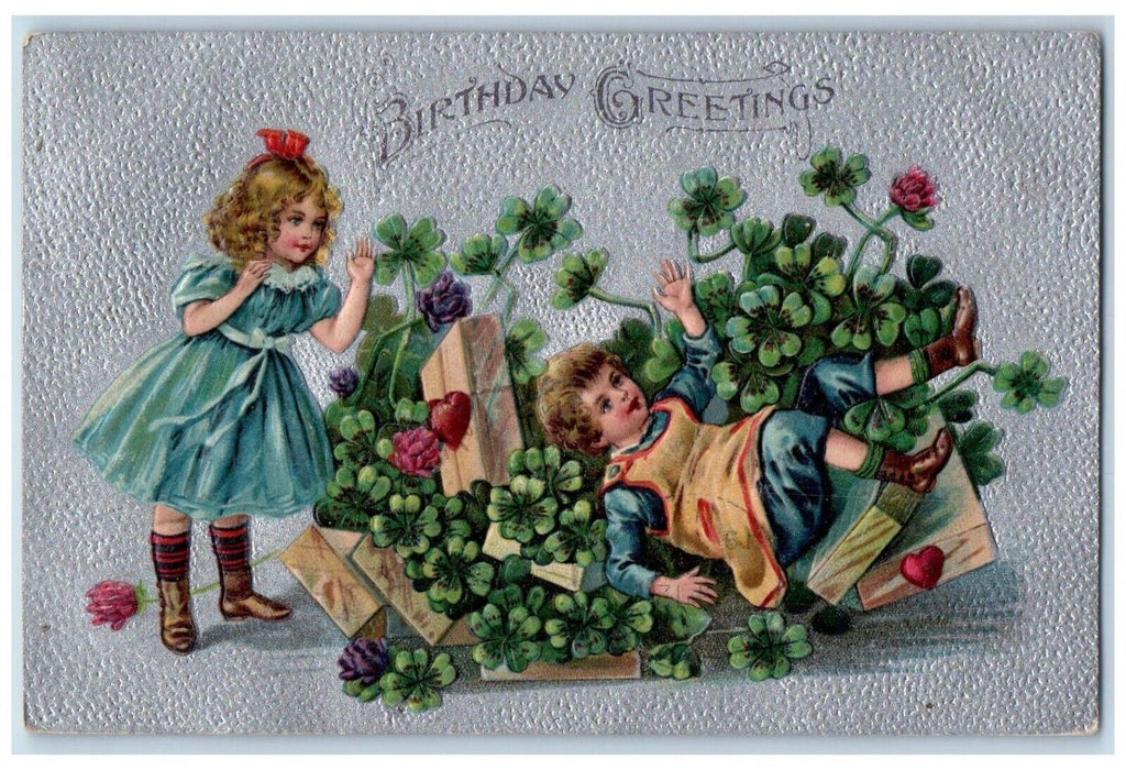 1908 Birthday Greetings Girl Slipped Shamrock Gift Embossed Brooklyn NY Postcard