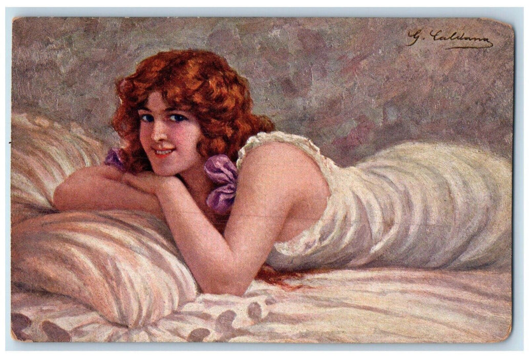 c1910's Pretty Woman Curly Hair On Bed Italy Unposted Antique Postcard