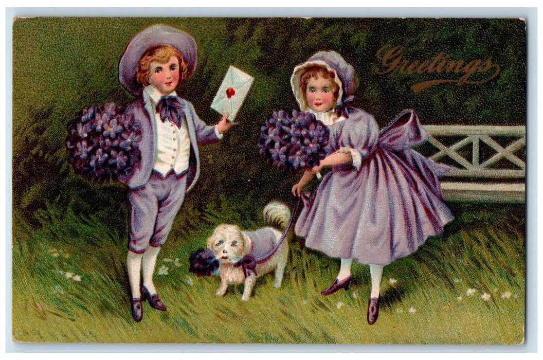 c1910's Greetings Children With Flowers And Dog Winsch Back Embossed Postcard