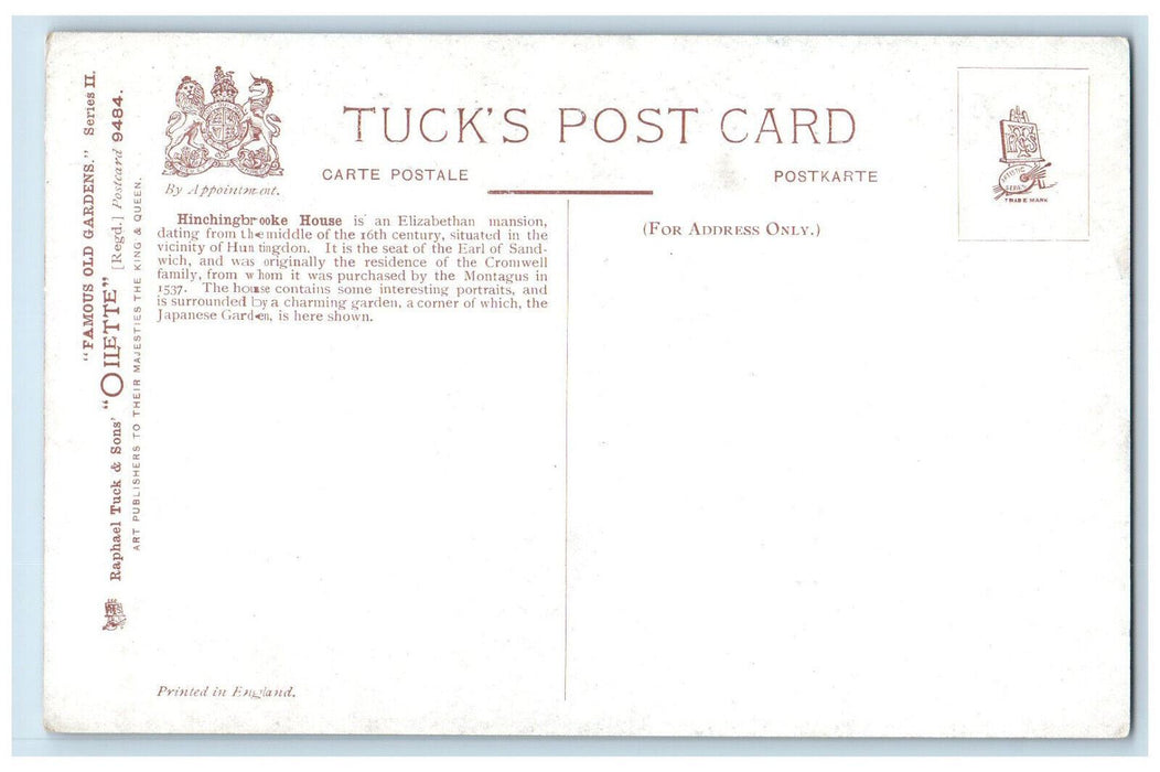 c1910 Old Gardens Japanese Garden Hinchingbrooke Oilette Tuck Art Postcard