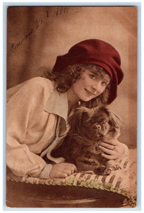 1918 Pretty Woman Curly Hair Dog Studio Portrait Pekinese Tuck's Posted Postcard