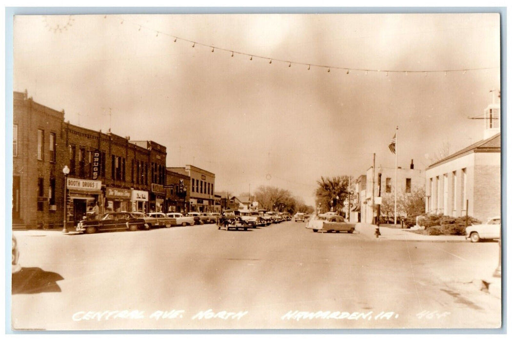 c1950 Central Avenue North Classic Cars Parking Hawarden Iowa IA Postcard