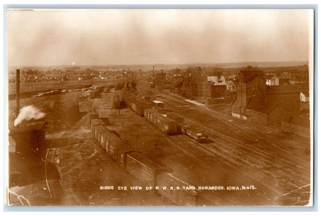 c1950 Birds Eye View NWRR Yard Locomotive Train Hawarden Iowa IA Postcard