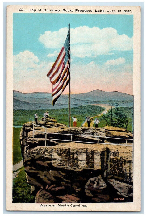 c1940 "Proposed Lake Lure" Top Chimney Rock Flag Western North Carolina Postcard