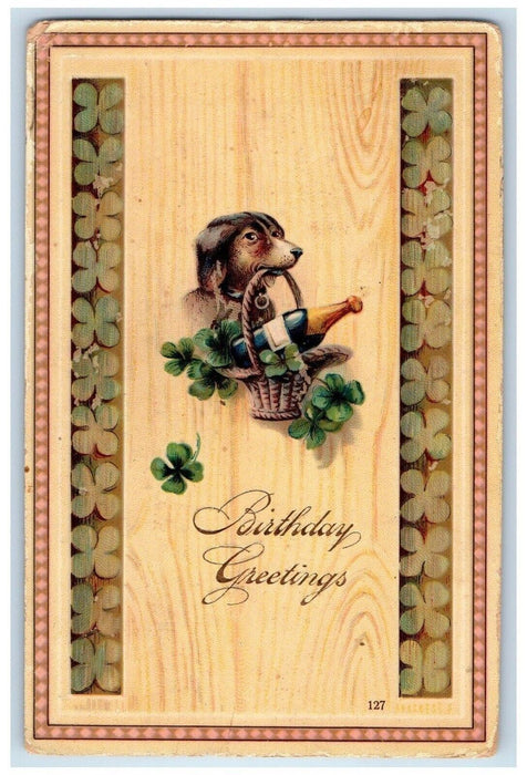 c1910's Birthday Greetings Dachshund Dog Champagne Shamrock Basket Postcard