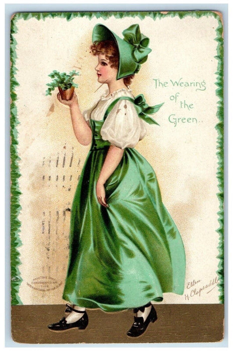 St. Patrick's Day Girl Holding Shamrock Ellen Clapsaddle Artists Signed Postcard