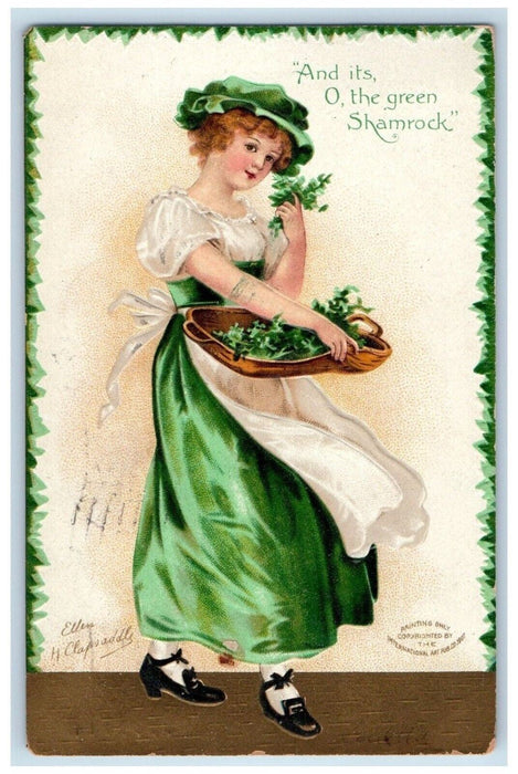 St. Patrick's Day Girl Shamrock Basket Ellen Clapsaddle Swissvale PA Postcard