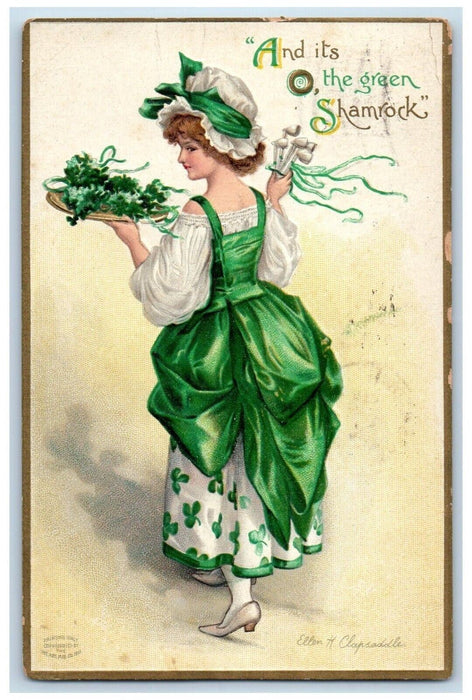 1911 St. Patrick's Day Girl Shamrock Pipe Ellen Clapsaddle Watertown NY Postcard