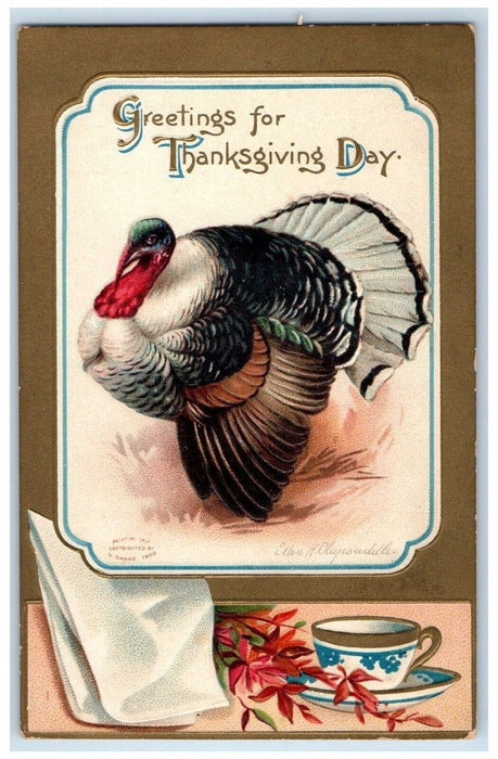 c1910's Thanksgiving Greetings Turkey Ellen Clapsaddle Cup Tea Embossed Postcard