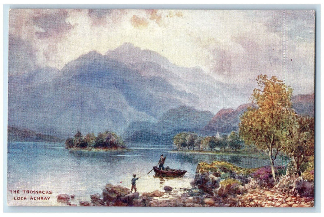 c1910 Boating at The Trossachs Loch Achray Scotland Oilette Tuck Art Postcard