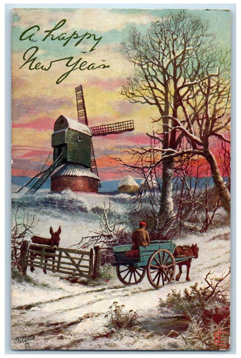 1909 A Happy New Year Depth of Winter Horse Carriage Oilette Tuck Art Postcard