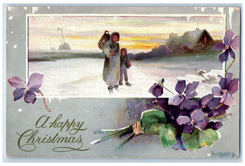 c1910 A Happy Christmas Mother Daughter Cottage Oilette Tuck Art Postcard