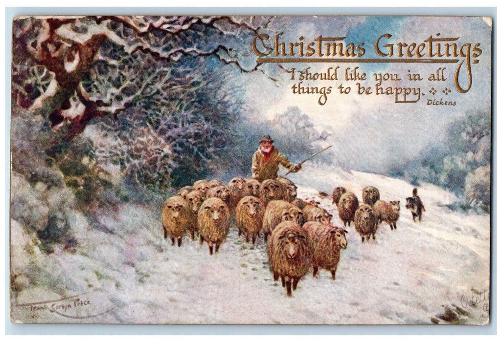 1911 Sheep Christmas Greetings White Winter Embossed Oilette Tuck Art Postcard