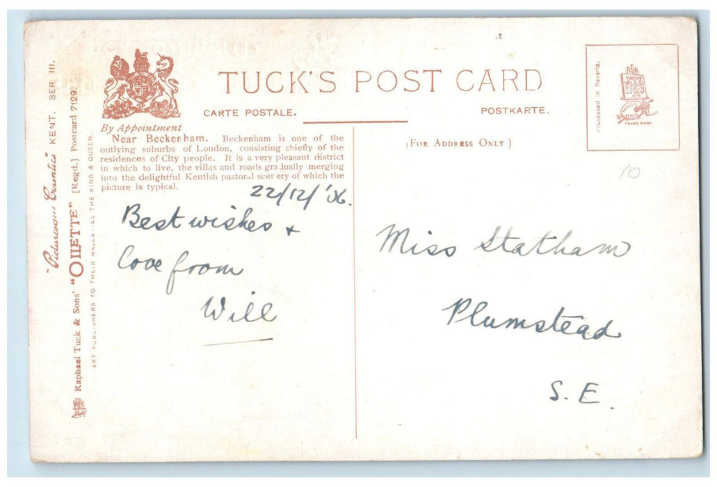 1906 Wishing You Happy Christmas Kent England Oilette Tuck Art Posted Postcard