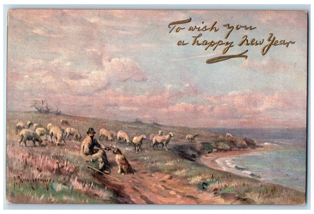 c1910 To Wish You a Happy New Year Shepherd Oilette Tuck Art Posted Postcard