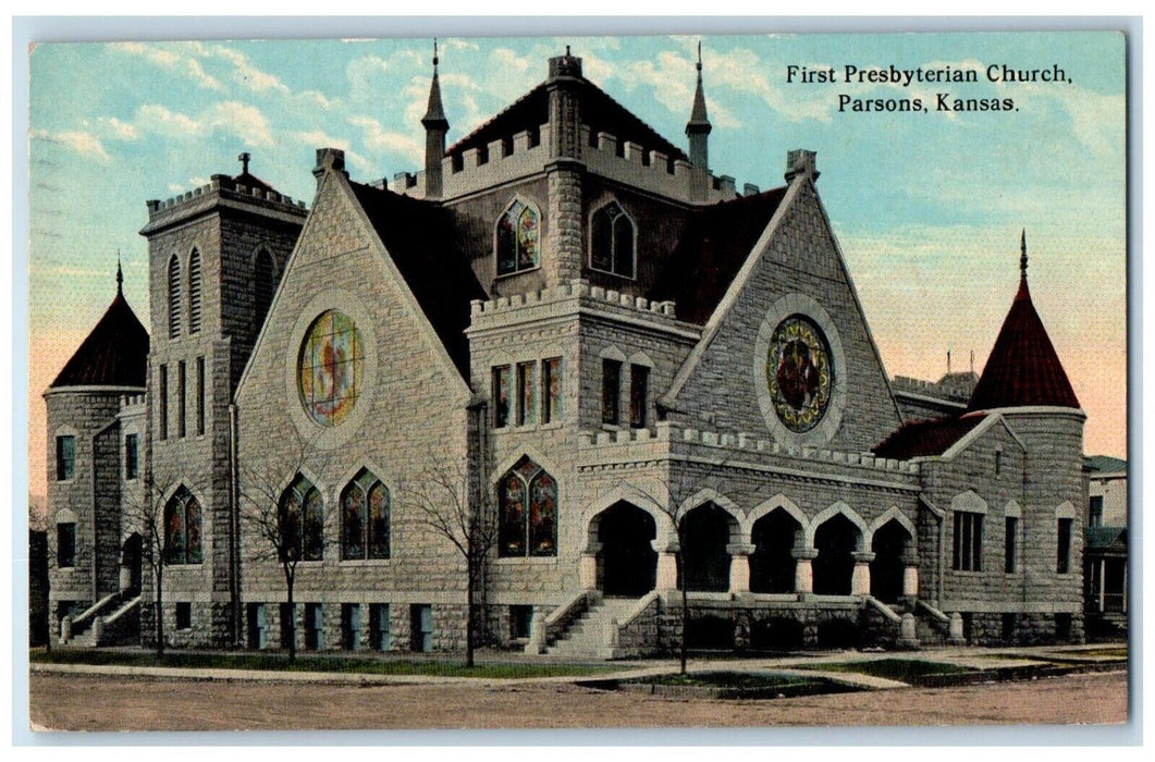 1913 First Presbyterian Church Chapel Exterior Building Parsons Kansas Postcard