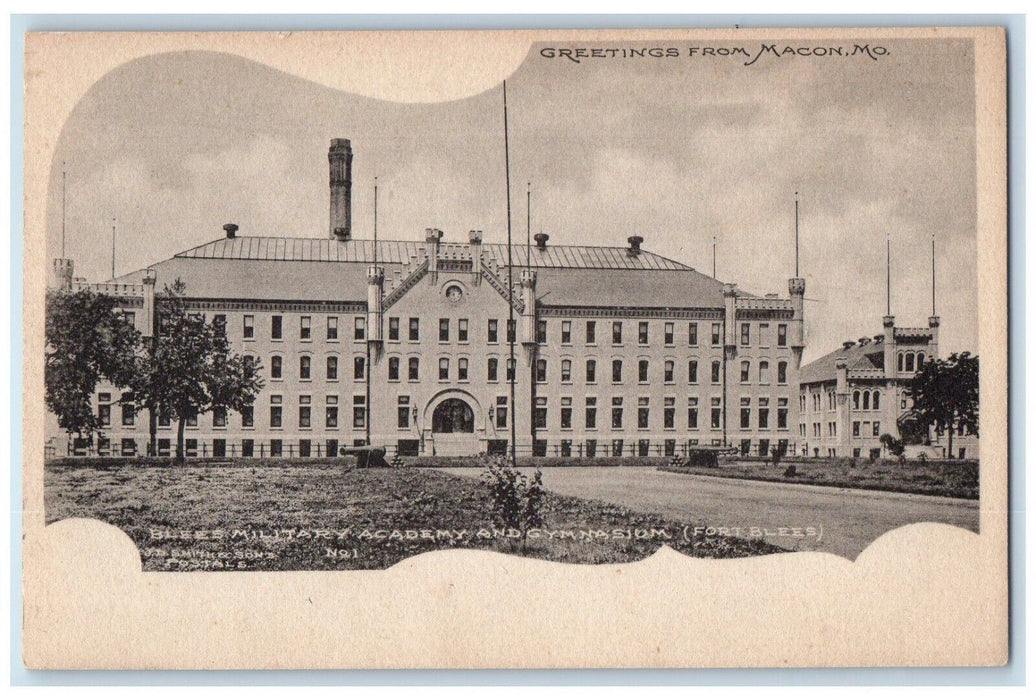 c1905 Greetings From Macon Blees Military Academy Gymnasium Missouri MO Postcard