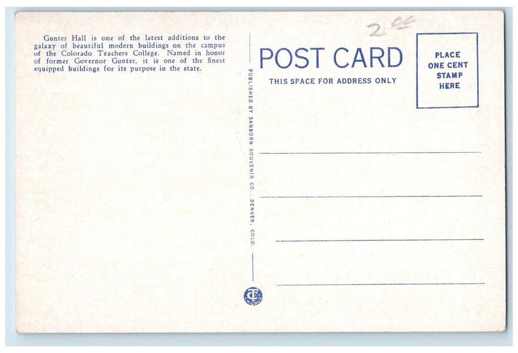 c1920 Gunter Hall State Teachers College Gymnasium Greeley Colorado CO Postcard