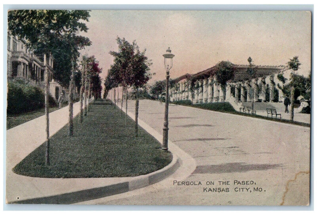 c1900 Pergola Paseo Street Lights Road Exterior Kansas City Missouri MO Postcard