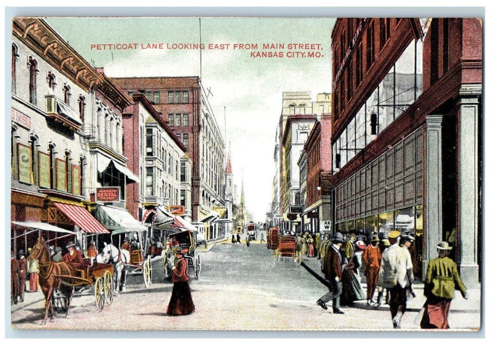 c1910 Petticoat Lane Looking East Main Street Kansas City Missouri MO Postcard