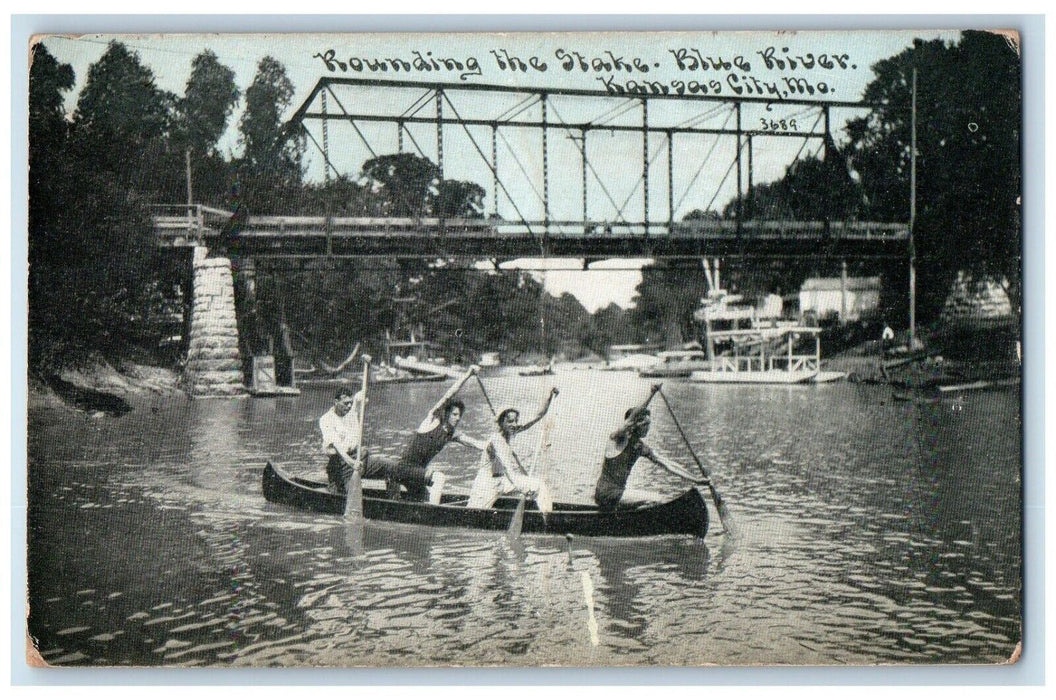 c1910 Rounding Stake Blue River Canoe Boat Kansas City Missouri Vintage Postcard