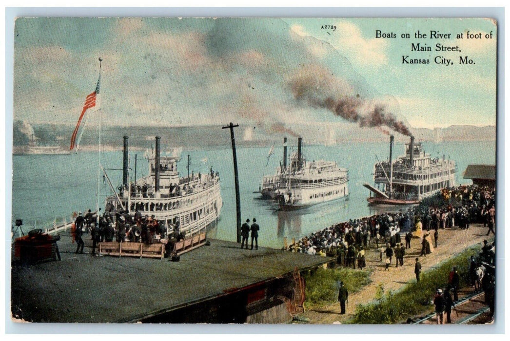 c1910 Boats River Foot Main Street Steamer Kansas City Missouri Vintage Postcard