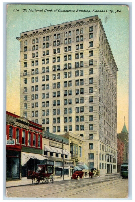 1912 National Bank Commerce Building Streetcar Kansas City Missouri MO Postcard