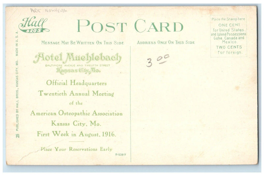 c1910 Muehlebach Hotel Art Nouveau Road Kansas City Missouri Hall Bros Postcard