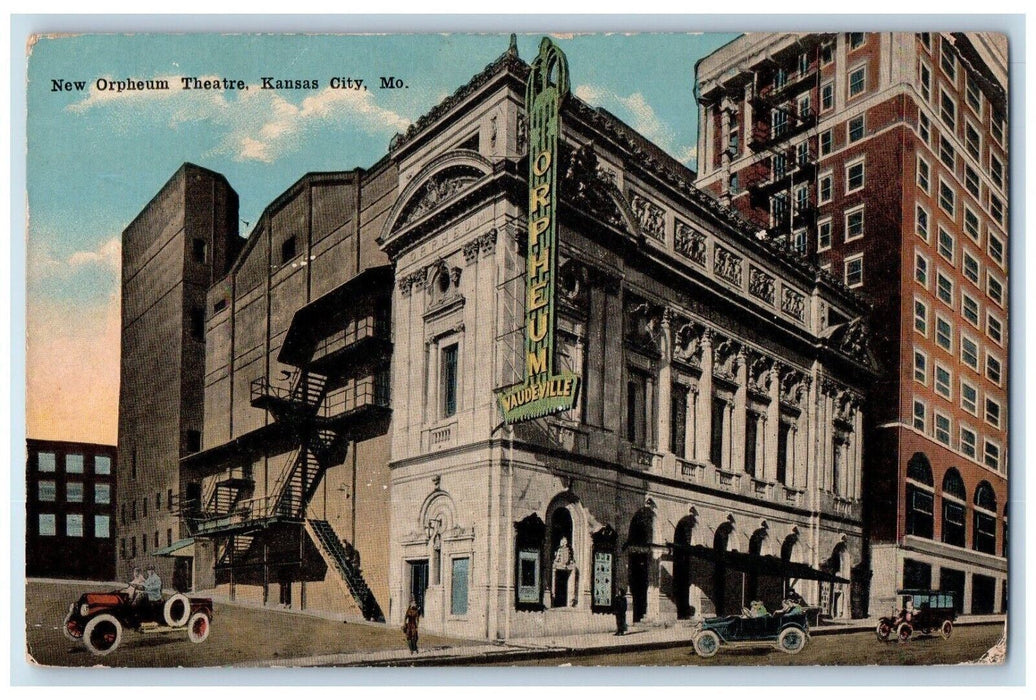 1917 New Orpheaum Theatre Exterior Classic Car Kansas City Missouri MO Postcard