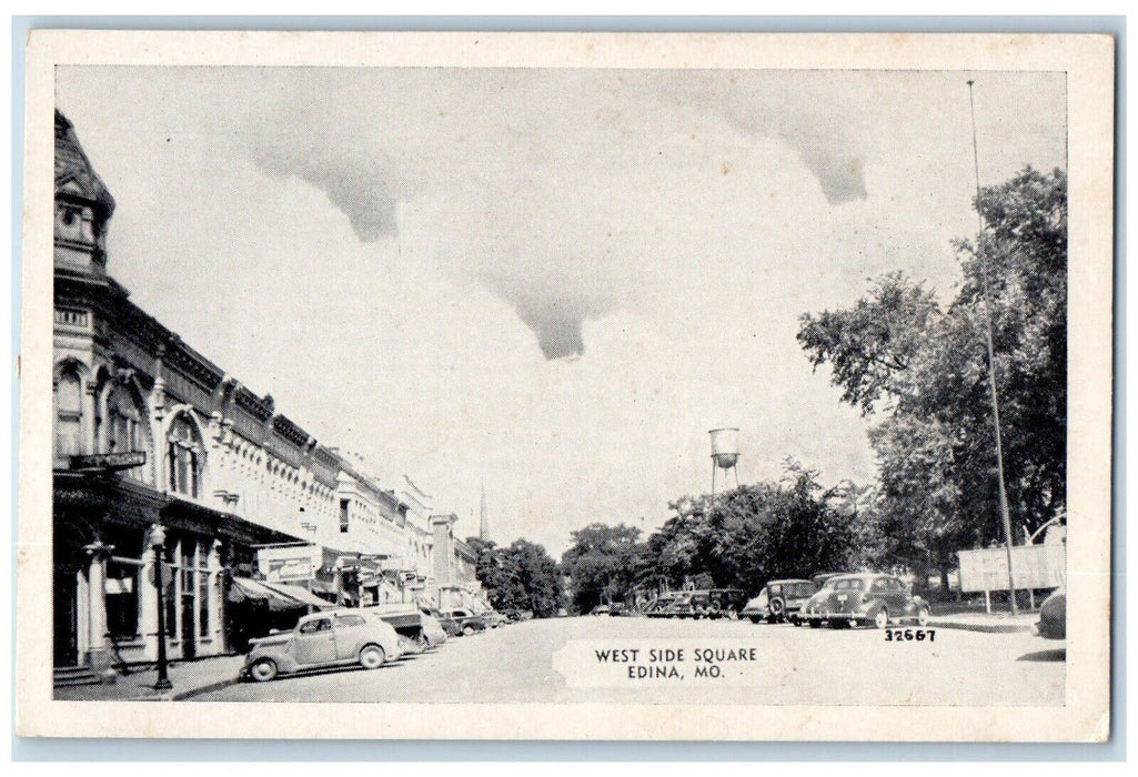 c1940 West Side Square Classic Cars Exterior Building Edina Missouri MO Postcard