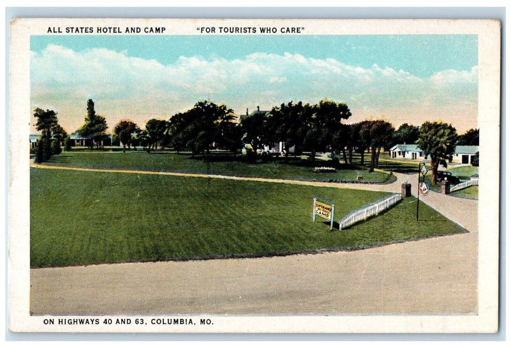 c1920 All States Hotel Camp Tourists Who Care Highway Columbia Missouri Postcard