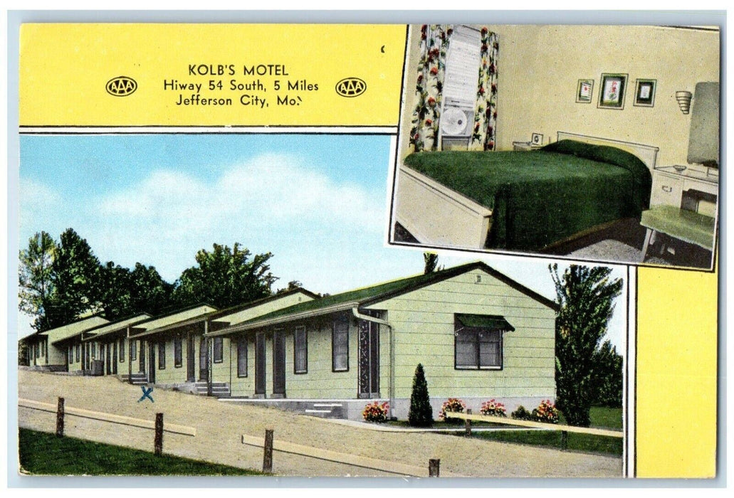 1953 Kolb's Motel Hiway South Miles Bedroom Jefferson City Missouri MO Postcard