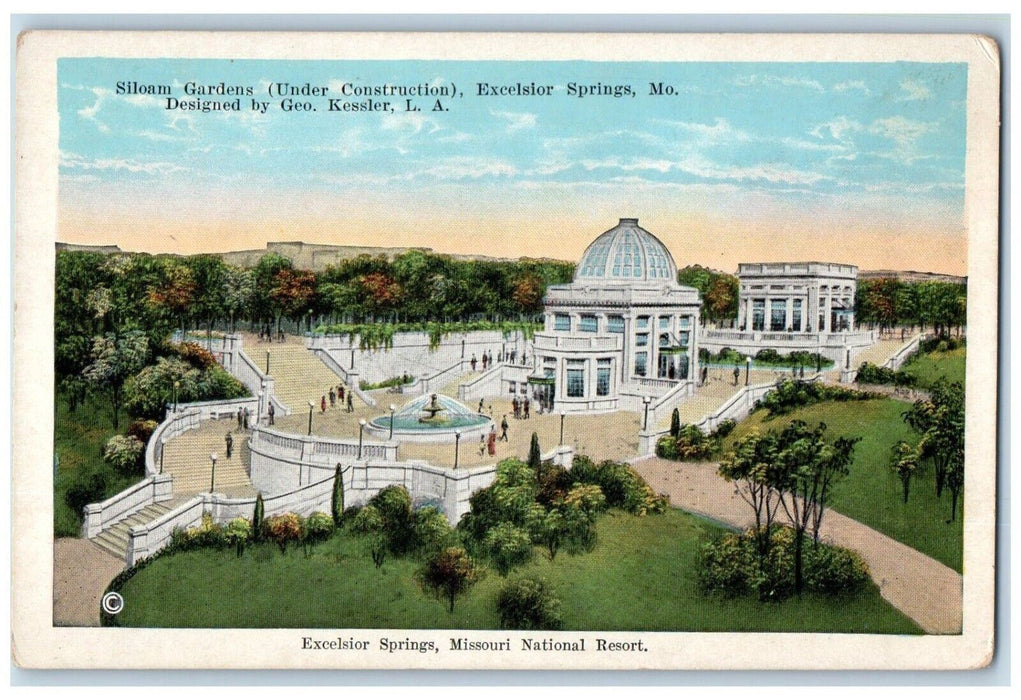 c1920 Siloam Gardens Construction Fountain Excelsior Springs Missouri Postcard