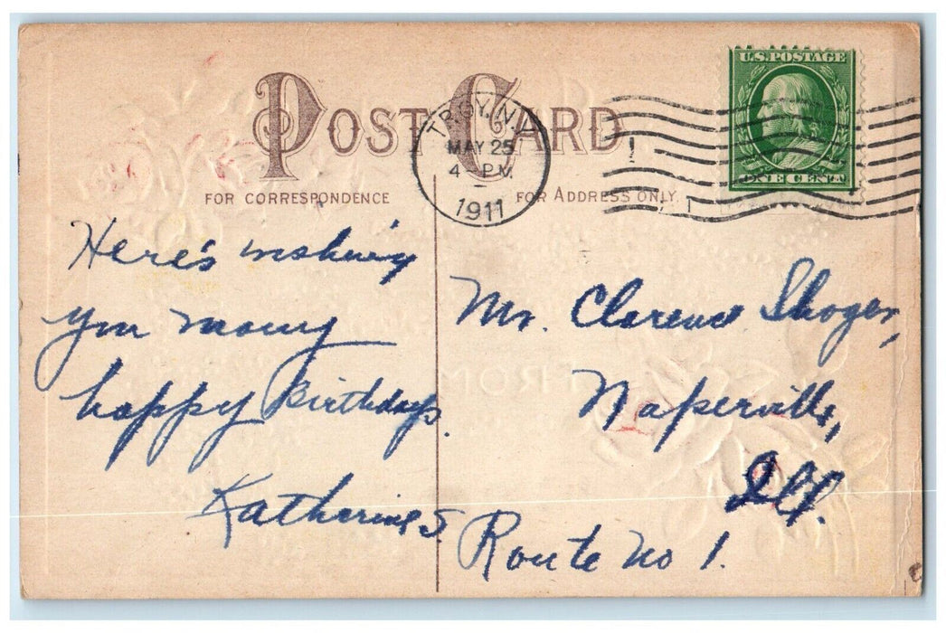 1911 Just A Greetings From Troy New York NY Flowers Embossed Antique Postcard