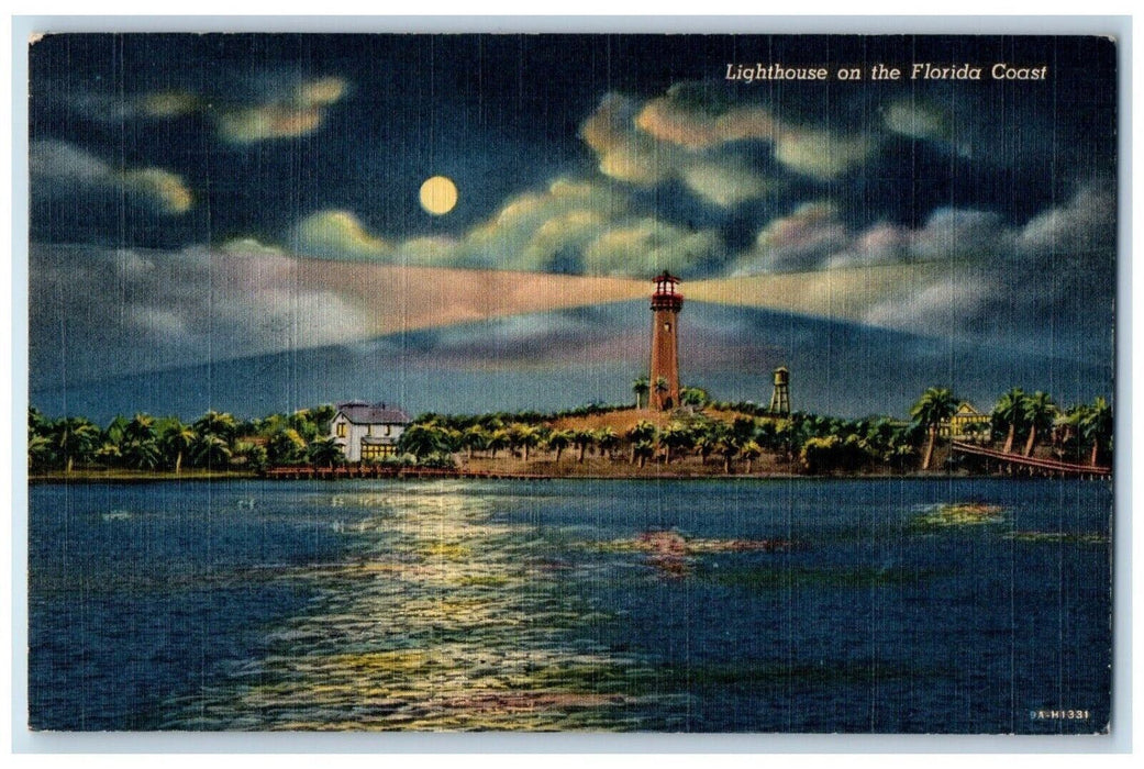 1942 Lighthouse Florida Coast Night Scene Moon Jacksonville Florida FL Postcard