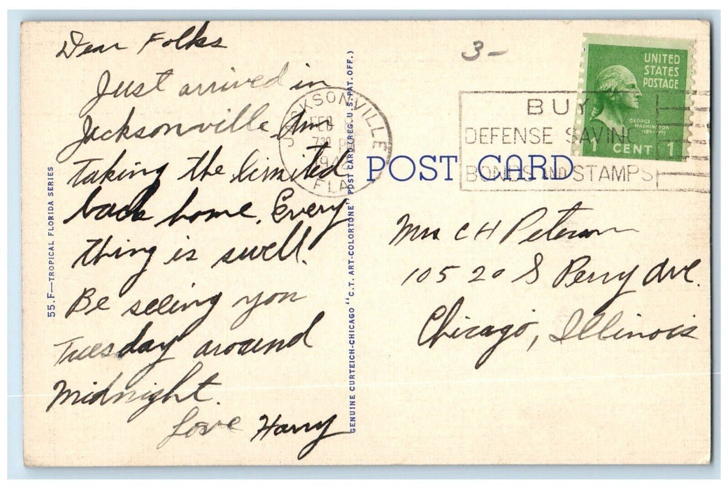 1942 Lighthouse Florida Coast Night Scene Moon Jacksonville Florida FL Postcard